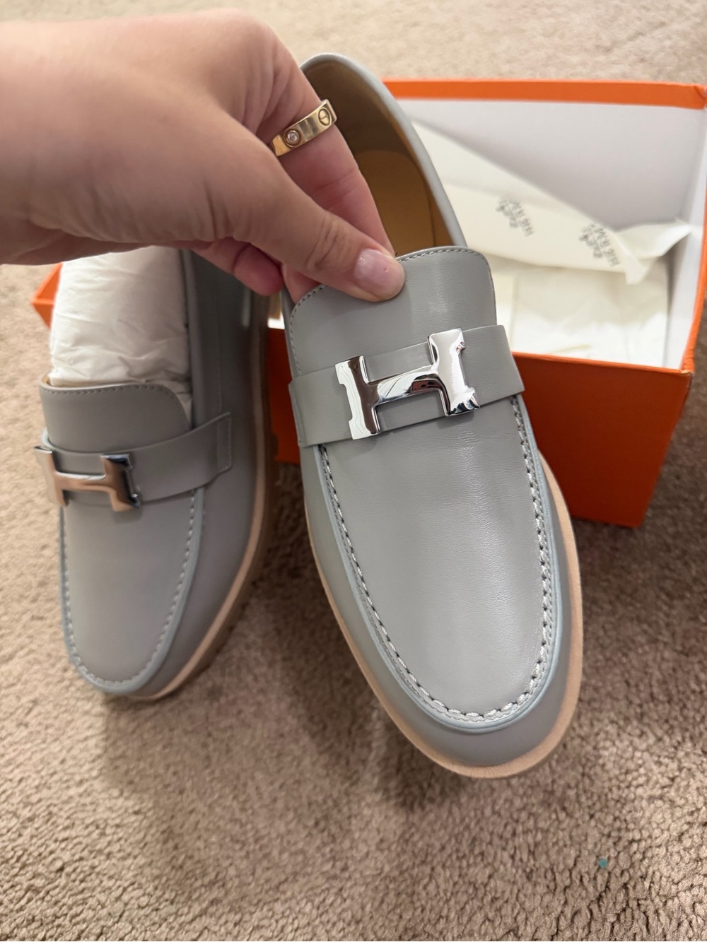 Woman Light Gray Leather Loafers Hermes  Silver H Buckle